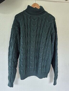 100% Cotton Dark Green Cableknit Turtleneck Sweater XL Brettons Vintage